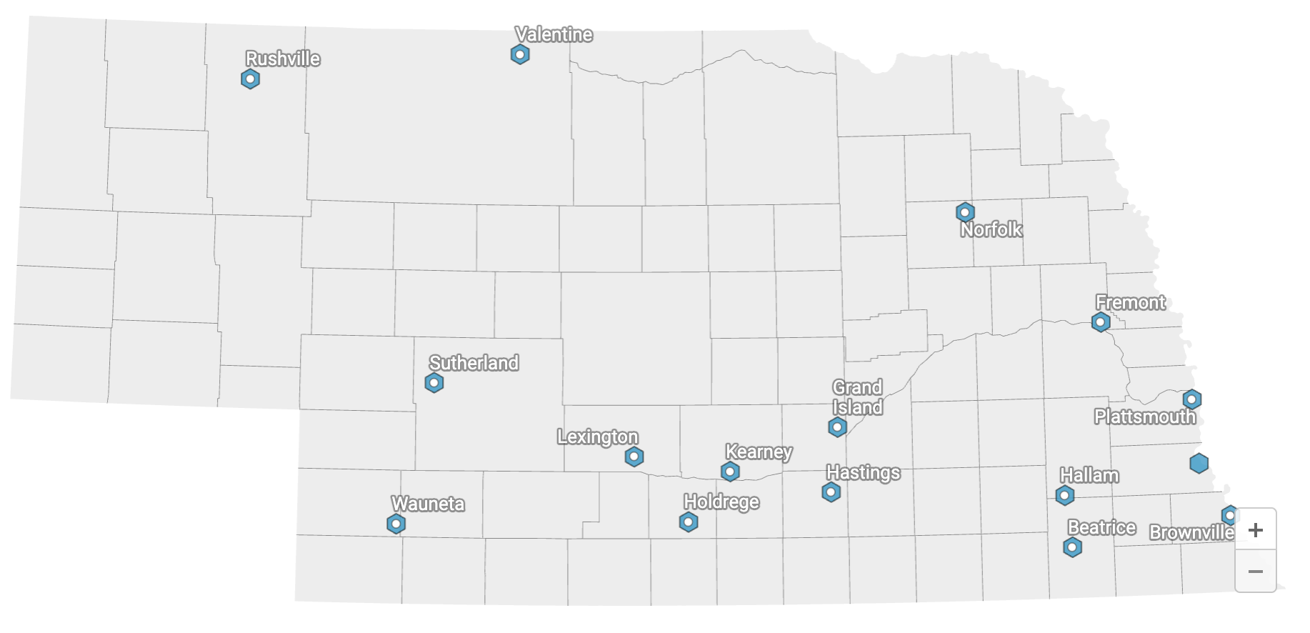 Beatrice Beatrice Wauneta Wauneta Sutherland Sutherland Brownville Brownville Rushville Rushville Plattsmouth Plattsmouth Hallam Hallam Holdrege Holdrege Norfolk Norfolk Kearney Kearney IslandGrand IslandGrand Lexington Lexington Hastings Hastings Fremont